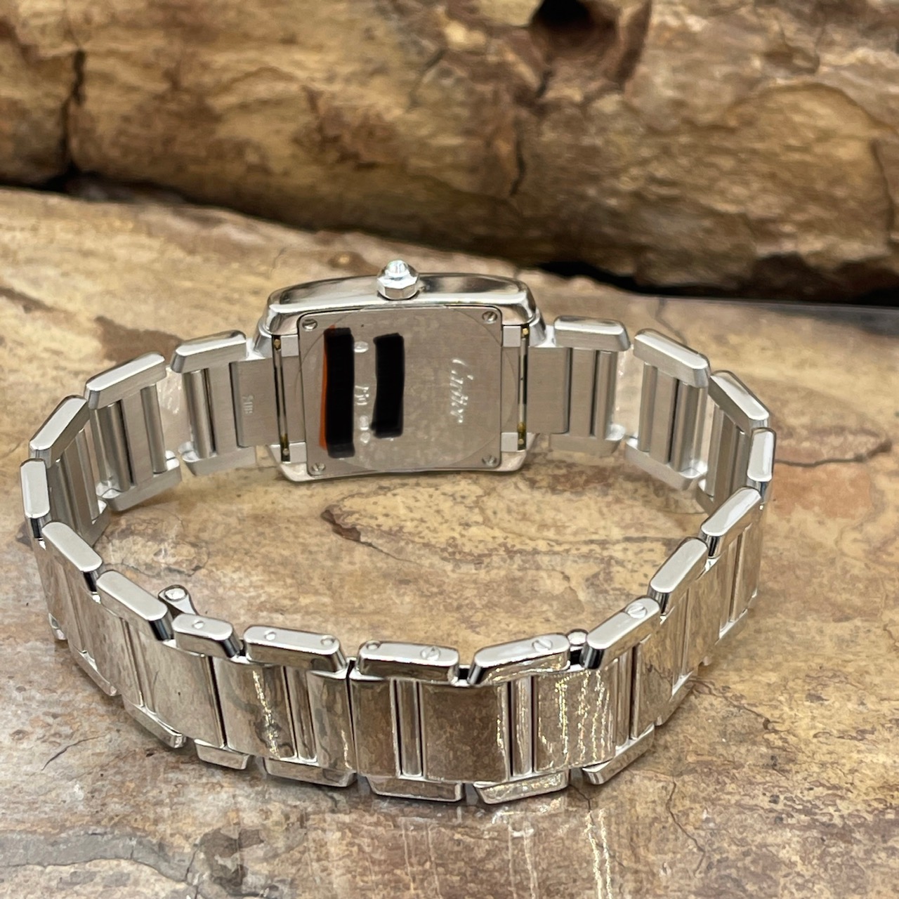 Cartier - Tank Francaise Lady - FULL SET 2002 - Ref. 2403 - Weißgold mit weißem Zifferblatt und Diamanten in sehr gutem Zustand - Rückseite mit Gehäuseboden und Faltschließe
