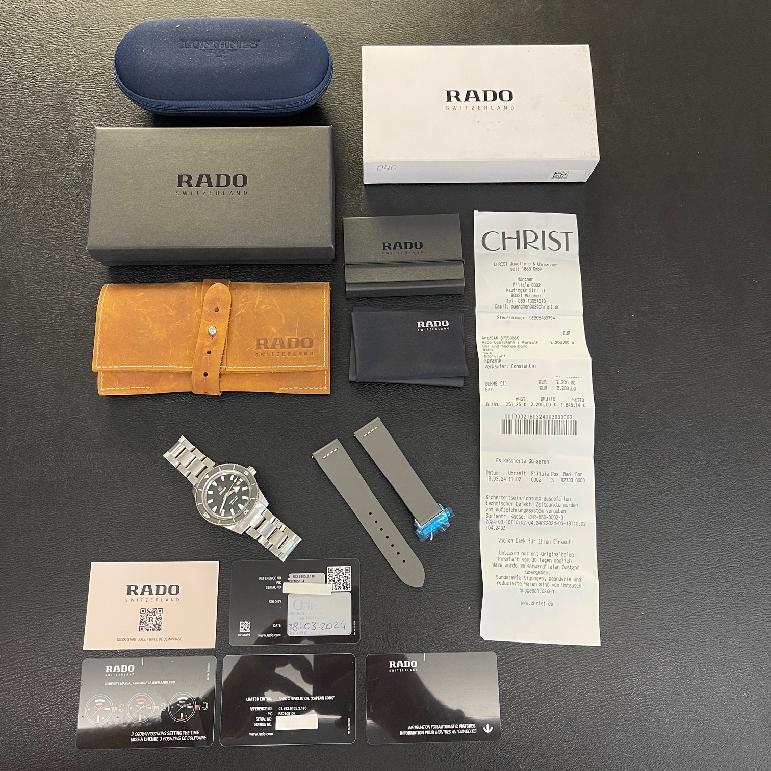 Rado Herstellerbox mit Radopapieren und Garantiekarte einer gebrauchten Luxusuhr