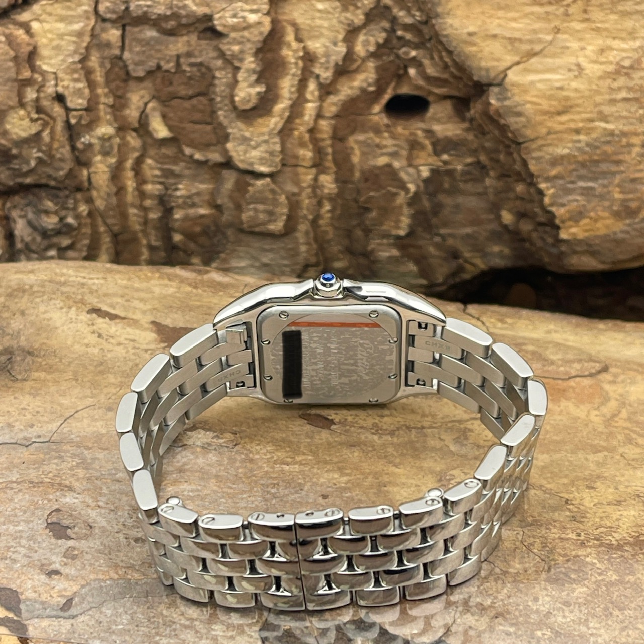 Cartier - Panthere Medium - Edelstahl - Ref. 4016 - Mit Cartier Box und weißem Zifferblatt -Rückseite der Uhr mit Gehäuseboden und Doppelfaltschließe
