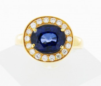 Ring 14 k gold with sapphire + diamonds ca. 0.55 ct.