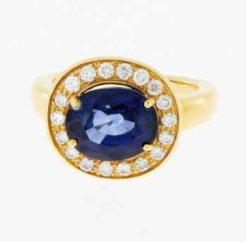Ring 14 k gold with sapphire + diamonds ca. 0.55 ct.